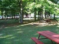 A picnic table in the middle of a park.